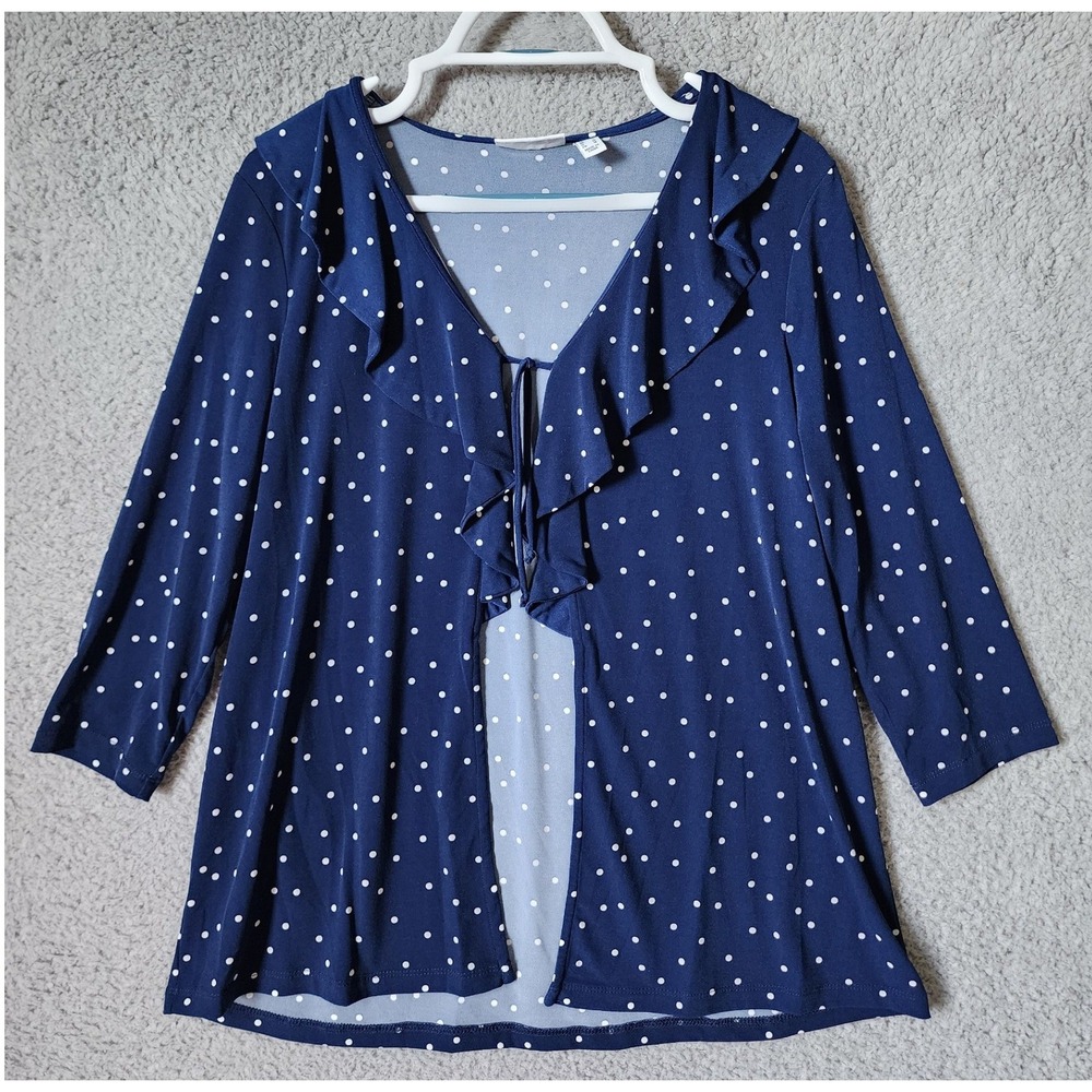 Susan Graver Cardigan Women Small Blue Polka Dot Ruffle Tie Front 3/4 Sleeve‎
